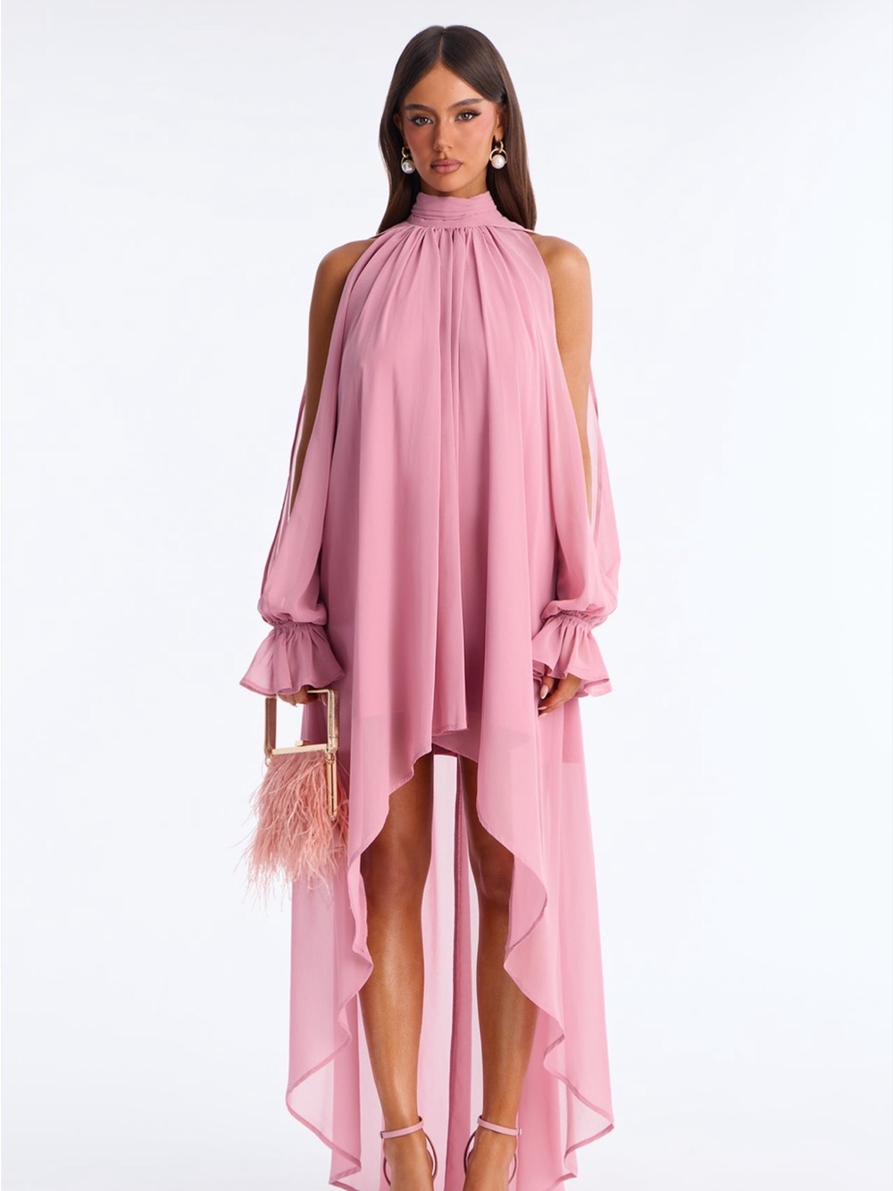 High-Neck Blouson Sleeve Hi-Low Dress in Dusty Pink